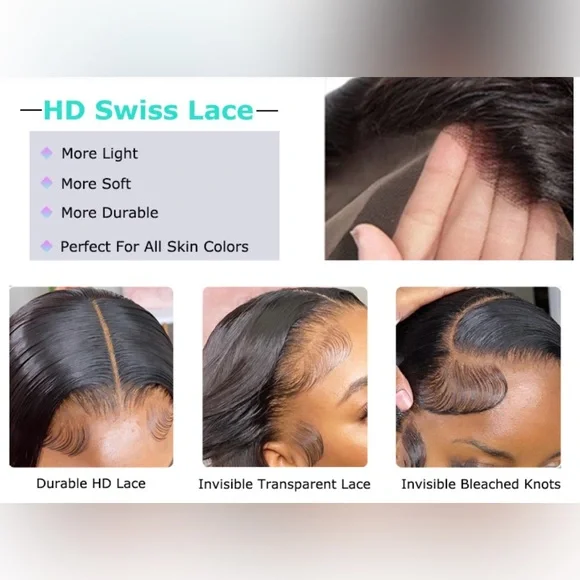 NewTransparent Lace Front Wig Remy Human Hair 1B Natural Black HD Lace 22inches